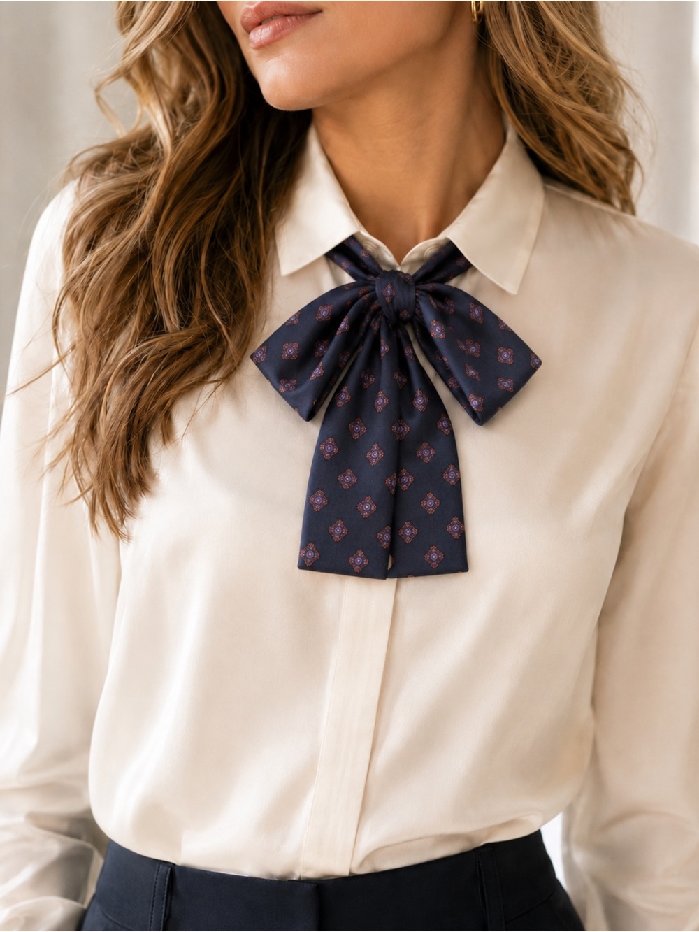 Vintage Symphony Scarf 100% Silk Bow Scarf Tie Navy Blue Geometric Made USA
